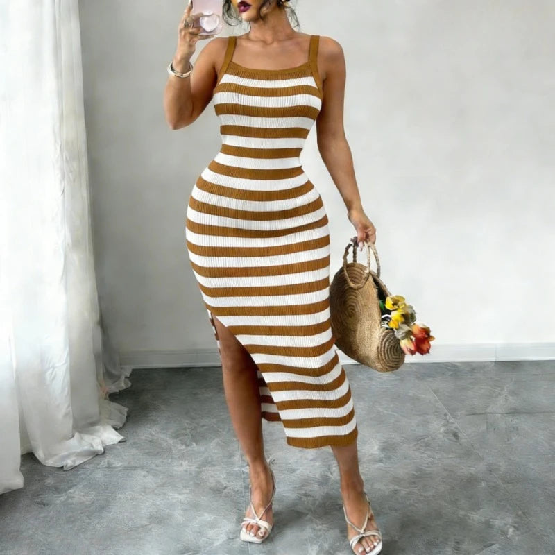 Red Black Striped Spaghetti Strap Maxi Dress Women's Stretchy Knit Bodycon Long Dress Sexy Summer Beach Party Dress Outfits