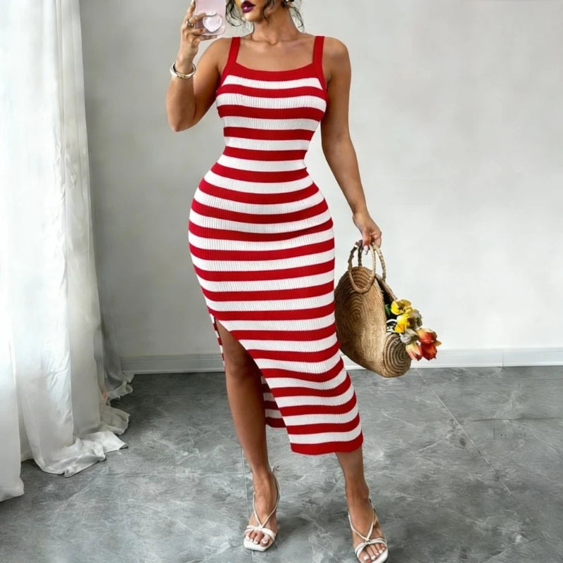 Red Black Striped Spaghetti Strap Maxi Dress Women's Stretchy Knit Bodycon Long Dress Sexy Summer Beach Party Dress Outfits