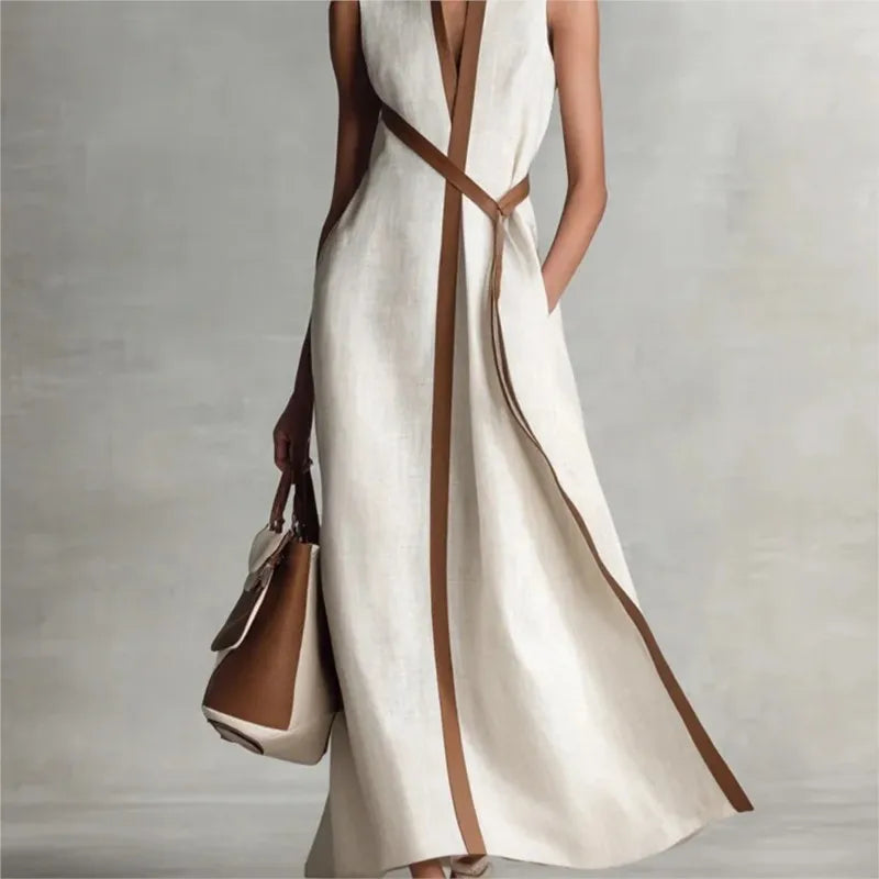 Casual Striped Patchwork Sleeveless Maxi Dress Elegant V Neck Color Collision Robes New Female Summer High Street Commute Gown