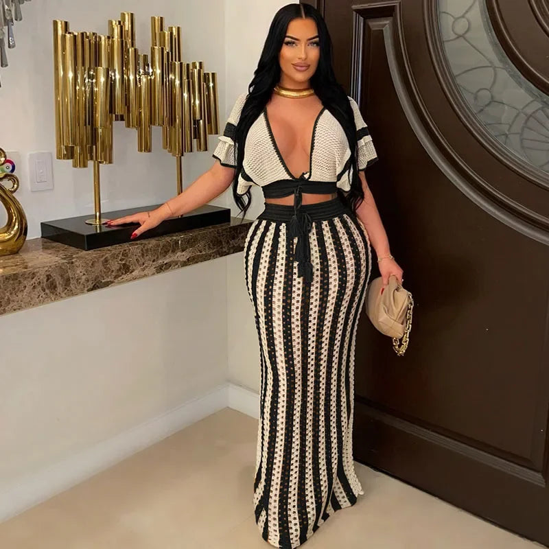 Striped Knitted Two Piece Set Women Outfit Y2K Clothes Clubwear Party Hollow Out V-neck Crop Top and Long Skirt Maxi Dress Sets