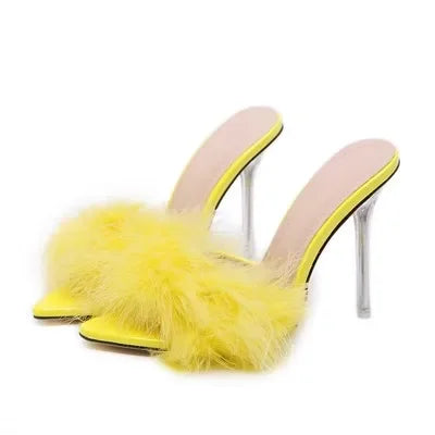 Sexy Pvc Transparent Open Toe Black Furry Slippers Women Clear Perspex Crystal High Heels Women Shoes Ladies Sandals