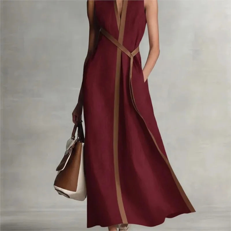 Casual Striped Patchwork Sleeveless Maxi Dress Elegant V Neck Color Collision Robes New Female Summer High Street Commute Gown