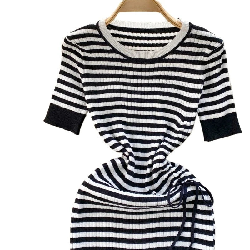Women's Black Striped Crew Neck Short Sleeve Self-Tie Sundress Stretchy Ribbed Knit Bodycon Maxi Dress Summer Party Long Dress