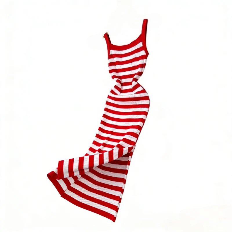 Red Black Striped Spaghetti Strap Maxi Dress Women's Stretchy Knit Bodycon Long Dress Sexy Summer Beach Party Dress Outfits
