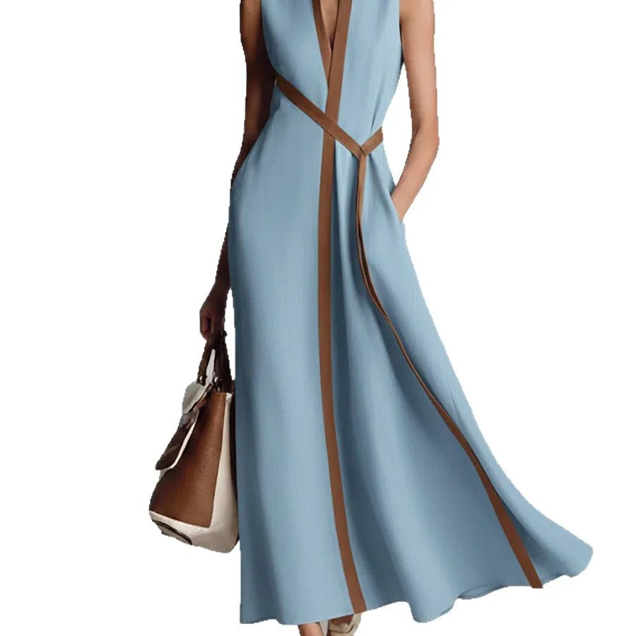 Casual Striped Patchwork Sleeveless Maxi Dress Elegant V Neck Color Collision Robes New Female Summer High Street Commute Gown