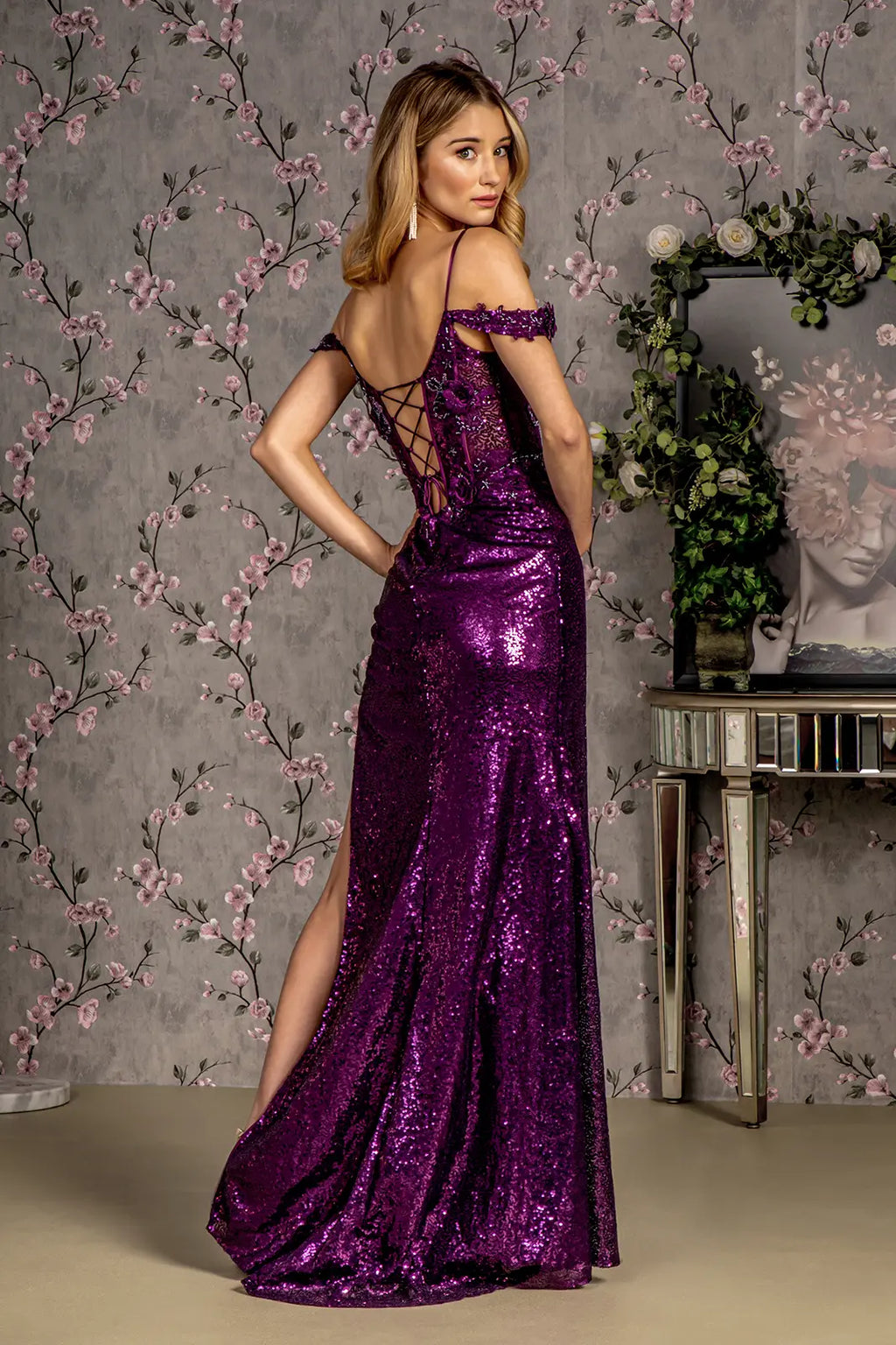 3 d flower sequin sheer corset bodice mesh mermaid long dress GLGL3436