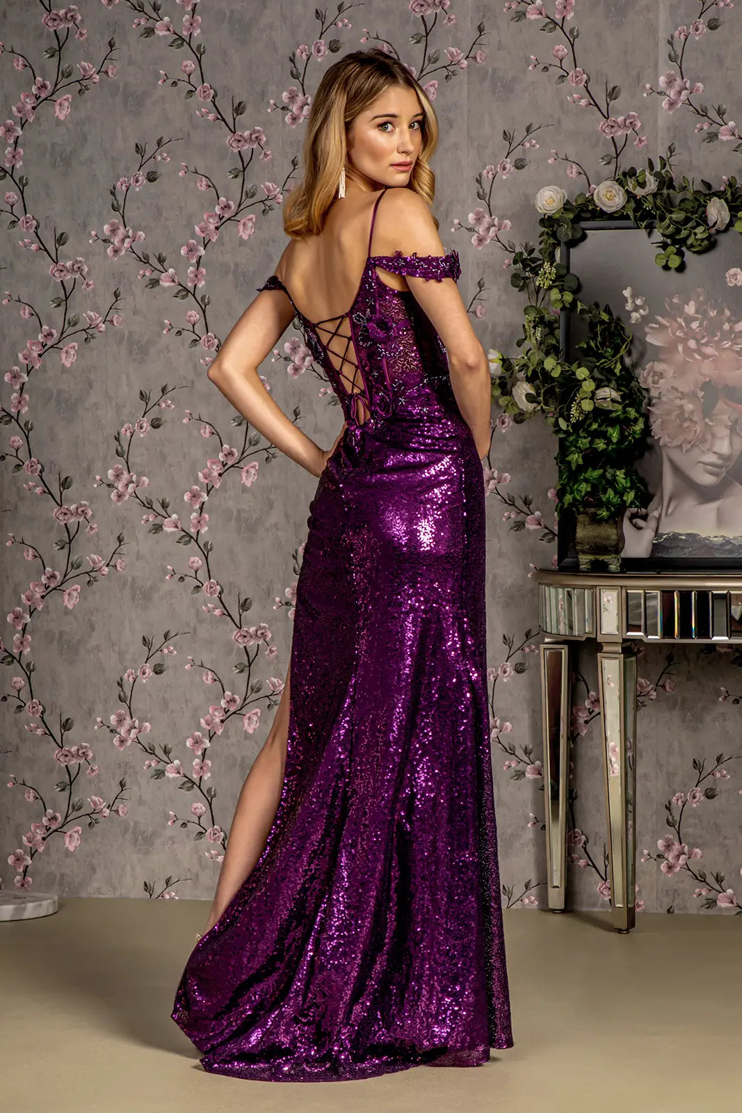 3 d flower sequin sheer corset bodice mesh mermaid long dress GLGL3436